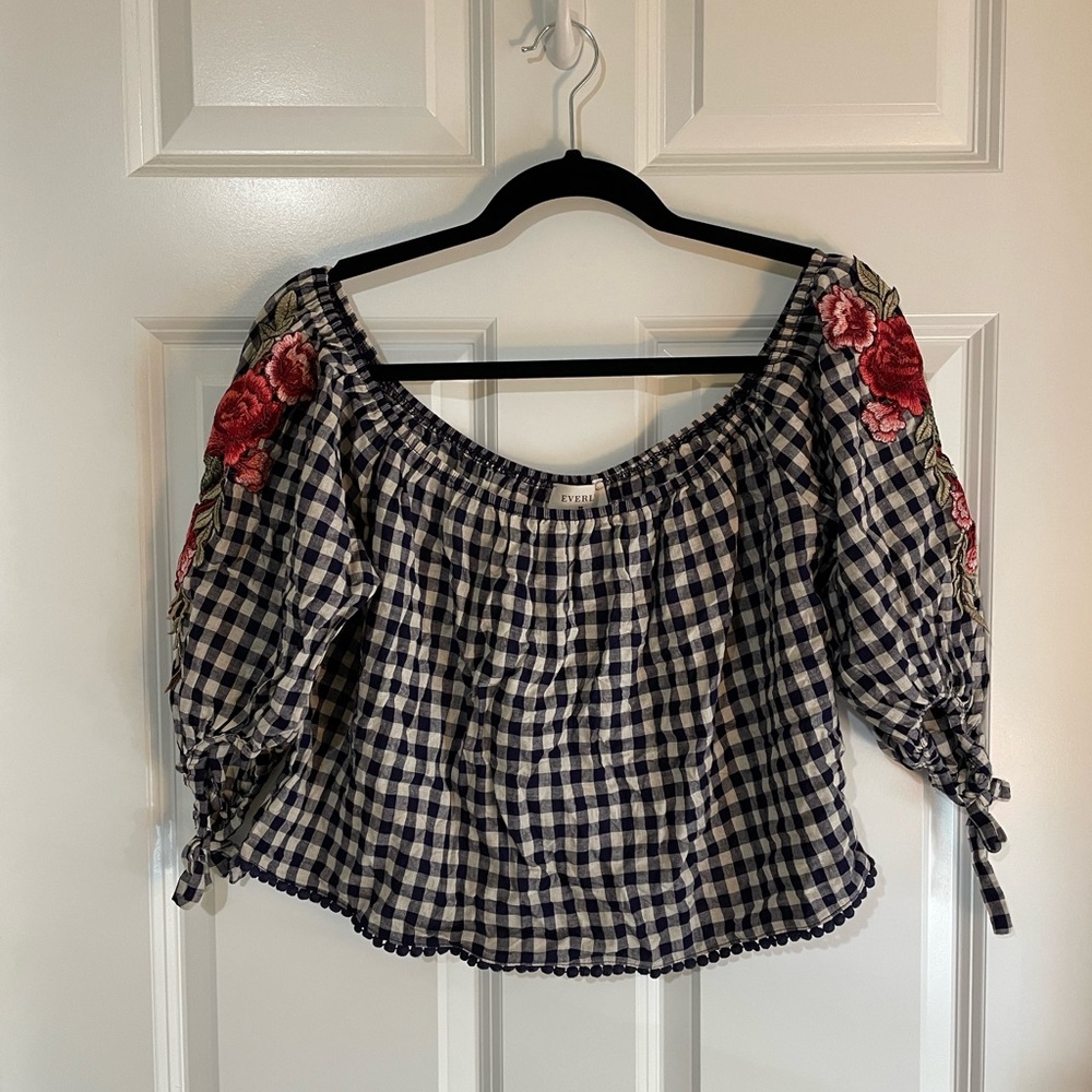 Everly off the shoulder floral cottage core plaid milkmaid top crop top